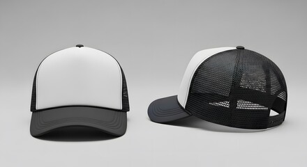 Black and white modern trucker cap mockup with visible snapback closure detail, front and side view