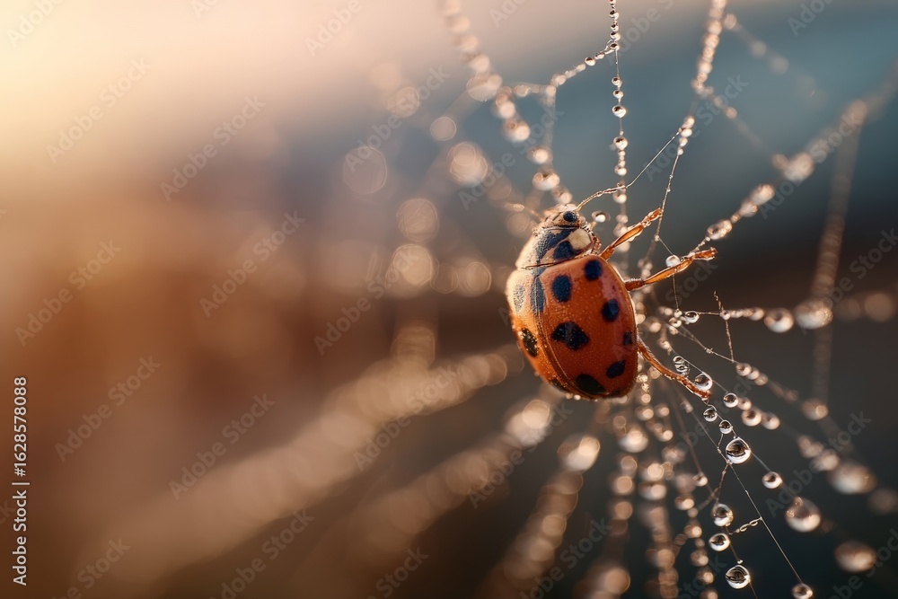 Poster ladybug caught in a spider web shimmering with dew drops during early morning light in a natural set