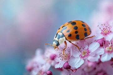 Ladybug perched on delicate pink blossoms in a nature setting during springtime