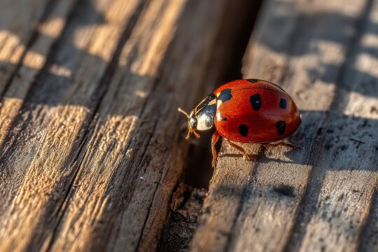 Close-up view of a ladybug exploring a wooden surface in a garden during a sunny afternoon