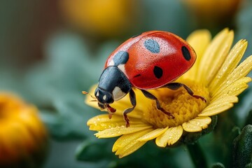 Bright ladybug perched on yellow flower in a vibrant garden during a sunny day