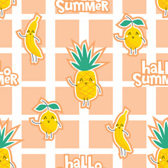 Cute cartoon tropical fruits seamless pattern with lemon, pineapple and banana. Vector illustration for print, cover, textile, wrapping, t-shirt, packaging, bedding, clothing and others