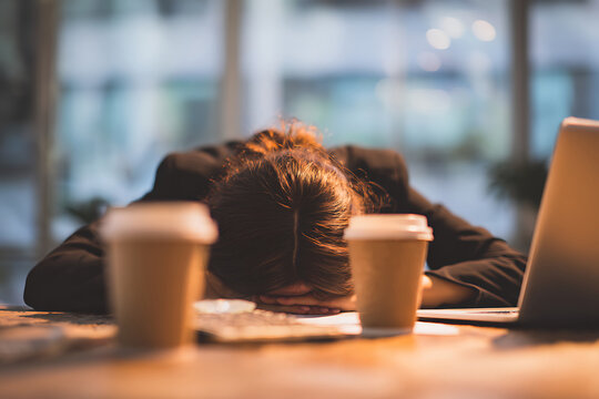 Tired businesswoman resting head on office desk with coffee and laptop