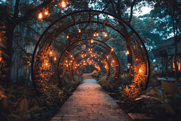 Enchanting garden path with illuminated arches creates a magical ambiance.