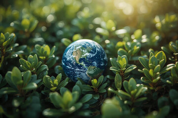 Fototapeta premium Earth Globe Surrounded by Green Plants in Nature