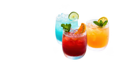 Three refreshing colorful cocktails with garnishes isolated on transparent background
