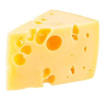 Yellow porous cheese wedge, dairy product, food photography on transparent background