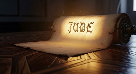 Ancient illuminated scroll with the word Jude in gothic script on wooden surface image