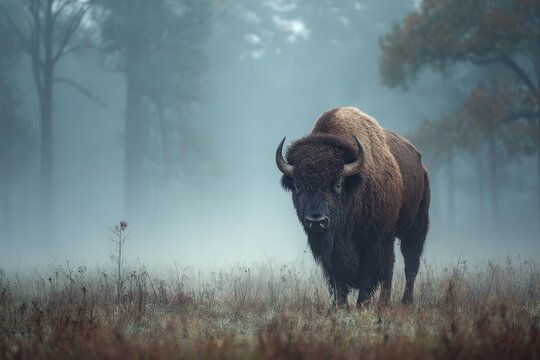 Misty morning in the forest with a solitary bison standing proudly in the tall grass