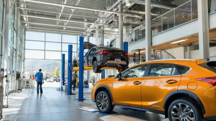 New cars are serviced in a bright spacious dealership garage with one car on a hydraulic lift and others nearby