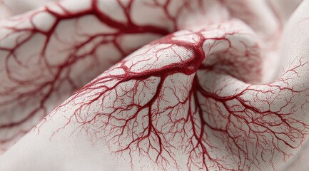 Red branching veins on white fabric. Closeup