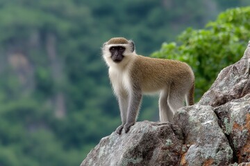 Monkey stands on a rock ledge with a green forest backdrop during the daytime in a natural habitat