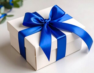 Elegant Gift Box with Blue Satin Ribbon on Neutral Background