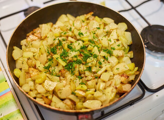 Fried Potatoes with Dill on Stove