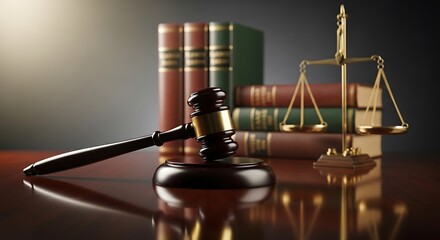 Wooden gavel brass scales of justice and stacked law books on polished surface image