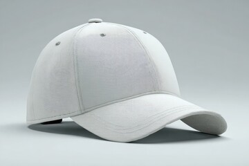 A pristine white baseball cap, angled to the viewer, sits on a neutral background