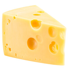Yellow porous cheese wedge, swiss delicacy, dairy product on transparent background