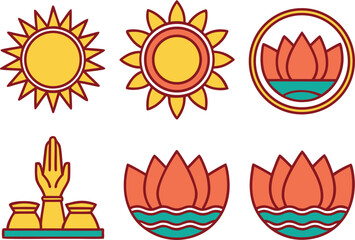 Chhat Puja Design Set with Traditional Hindu Elements. Pratihar Sashthi Clipart Set Featuring Devotional Festival Symbols. Chhat Puja Celebration Design Pack with Sun Worship Illustrations. Surya Sash