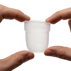 2 fingers holding a menstrual cup on a transparent background