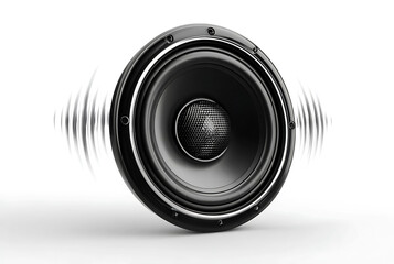 A black speaker is vibrating and isolated on white background