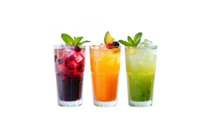 Three tall glasses of refreshing colorful fruit drinks with mint garnish isolated on transparent background