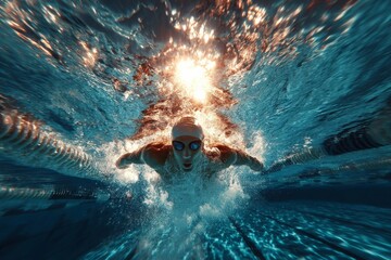 Competitive swimmer glides through clear water during an intense training session in an indoor swimming pool