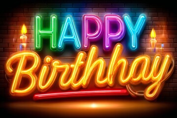 Obraz premium Letrero de neón Happy Birthday brillante y colorido ideal para celebraciones de cumpleaños