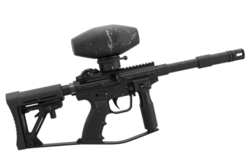 Black paintball marker, studio shot, action sports, dark background, game equipment