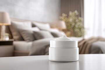 Cream jar on a table in a bedroom.  Blurred background