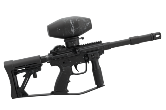 Black paintball marker, studio shot, action sports, dark background, game equipment