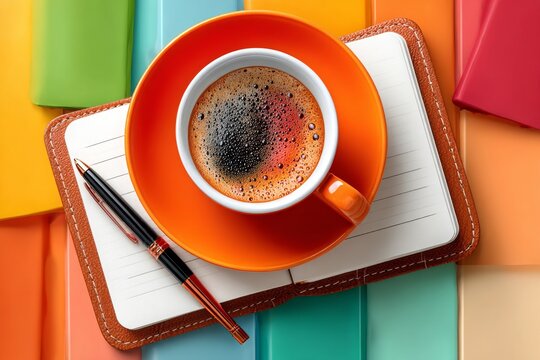 Momentos de tranquilidad con caf&eacute; en una libreta sobre una mesa colorida
