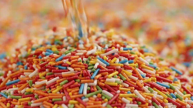 Close-up of vibrant rainbow sprinkles falling onto a colorful pile Perfect for baking desserts candy and celebratory projects Sweet confectionery background