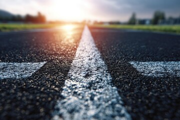 Close-up view of a track's center line at sunset. The sun shines brightly in the distance, illuminating the horizon. A focused perspective highlights the texture of the dark track surface