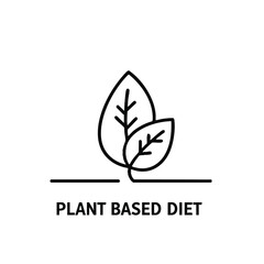 A minimalist black line art icon depicts two elegant leaves, symbolizing a healthy plant-based diet, vegan lifestyle, and sustainable nutrition choices.