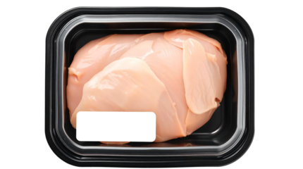 Black plastic tray containing raw chicken breast meat and blank label mockup packaging isolated on transparent background