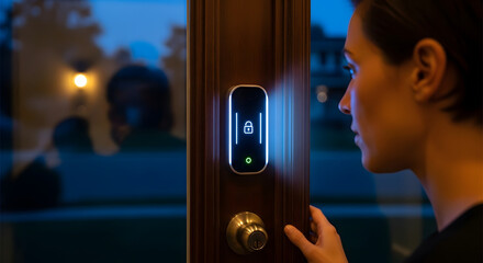Smart Lock Security: A woman interacts with a sleek, modern smart lock on a wooden door. The low-angle, close-up shot showcases the illuminated keypad.