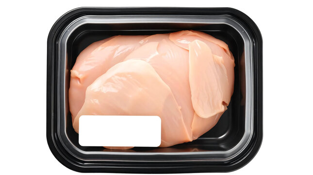 Black plastic tray containing raw chicken breast meat and blank label mockup packaging isolated on transparent background - Powered by Adobe