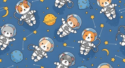 Kawaii Animal Seamless Space Pattern