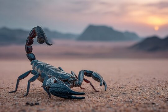 Large scorpion poised on sandy desert terrain during sunset in a remote landscape - Powered by Adobe