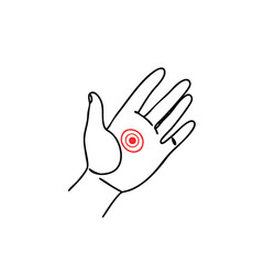 Fototapeta premium A minimalist line art illustration shows a human hand with a prominent red target symbol on the palm, signifying a pressure point, pain, or therapeutic focus.