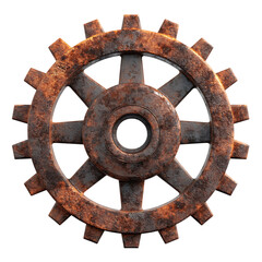 Rustic Industrial Gearwheel:  Aged Metal Cog, Steampunk Style, transparent Background, 3D Render, High Resolution.