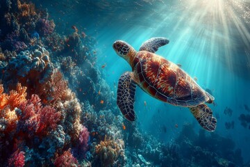 Obraz premium Colorful sea turtle gliding gracefully through vibrant coral reef under sunlight in a clear ocean
