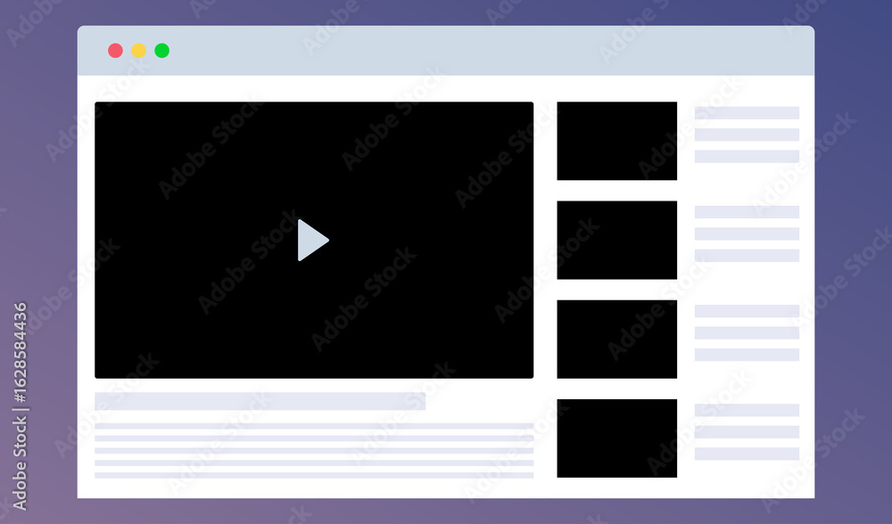 Poster video-based website display: illustrative vector graphic of a web page layout with a featured video 