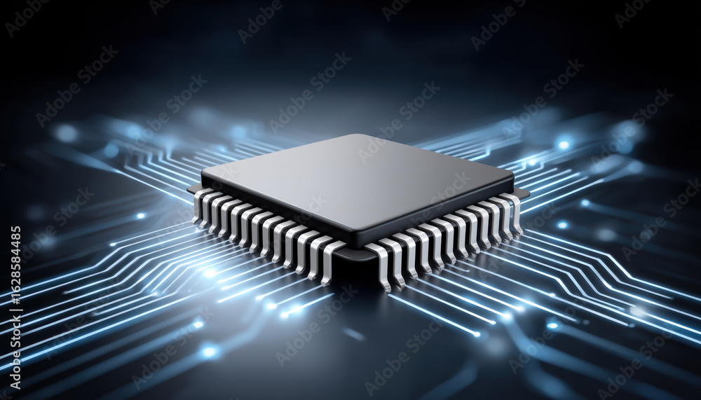 Poster microchip semiconductor with glowing circuit board connections showing advanced technology and elect