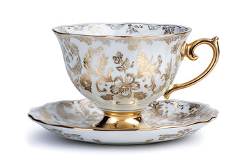 White porcelain teacup and saucer with ornate gold floral pattern ceramic