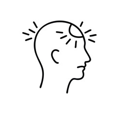Simple black line art illustration depicting a human head experiencing a severe headache or migraine, symbolizing pain, stress, and discomfort.