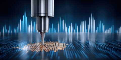 Semiconductor manufacturing process with precision tool engraving microchip surface in futuristic technology environment