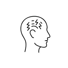 A minimalist line art illustration portrays a human head with abstract symbols representing mental stress, headache, or complex thought processes.