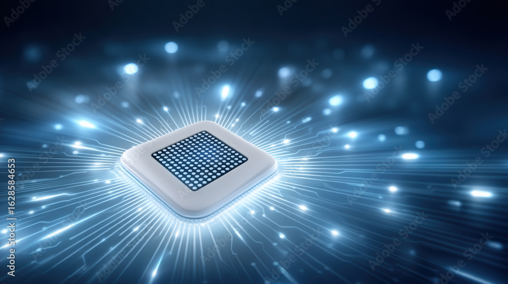 Poster microchip semiconductor glowing with blue light and digital circuit lines spreading in dark backgrou