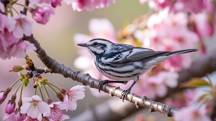 Delicate black and white warbler perched amongst beautiful pink cherry blossoms in spring